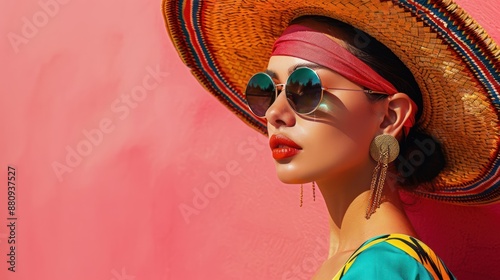 Fototapeta Naklejka Na Ścianę i Meble -  woman with sunglasses Mexican hat, tropical, bright colors, ornate, side view