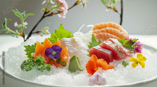 A plate of sushi with a variety of colorful vegetables and flowers