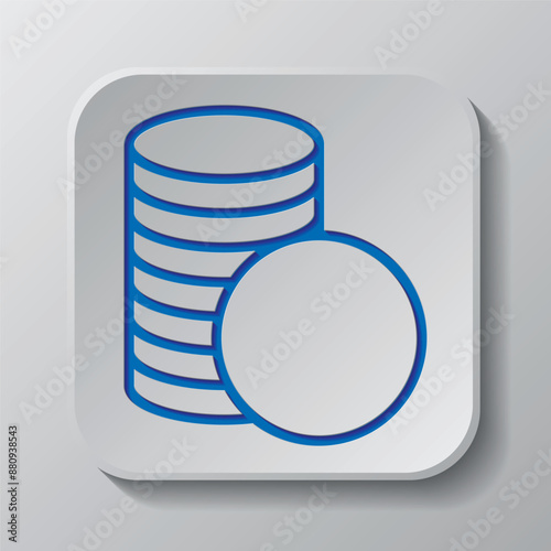 Coins simple icon vector. Flat design. Paper cut design. Cutted blue symbol with shadow. Gray badge button, gray background
