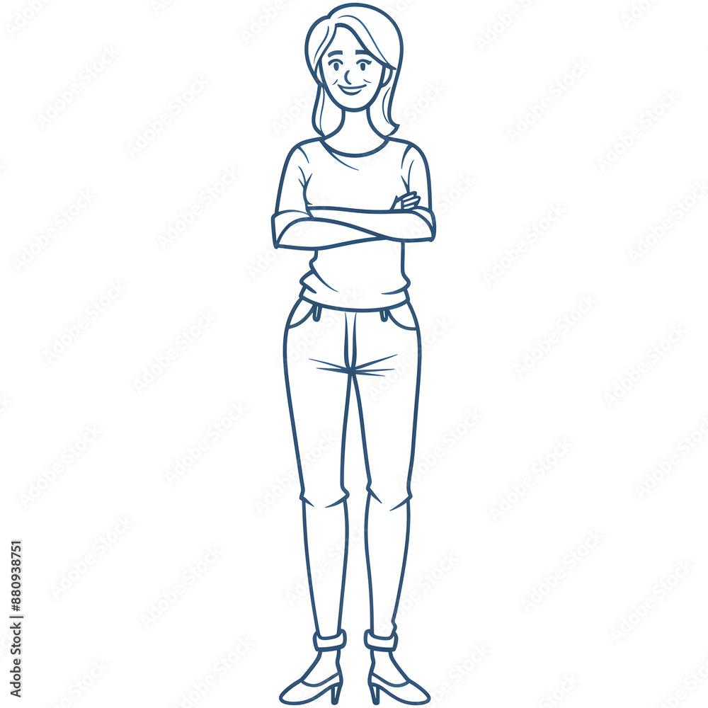 Cartoon woman smiling, full body standing, isolated on white background. Flat design, outline. Solid color. Cartoon woman smiling, full body standing, isolated on white background. Flat design, outline. Solid color.