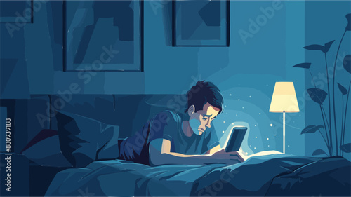 Midnight Smartphone Addiction: Man Engrossed in Digital Glow, Neglecting Sleep