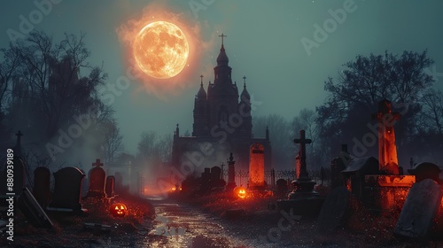 cemetery at spooky halloween night