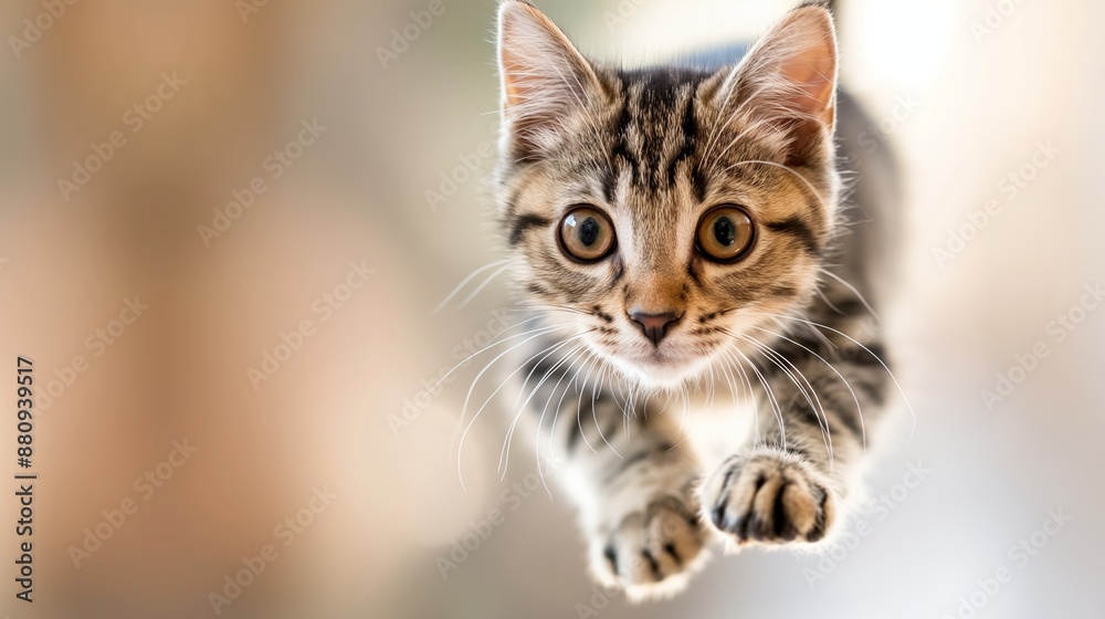 A cat is leaping into the air with its paws outstretched. The cat is looking up at the camera, and its fur is standing on end. Concept of playfulness and energy A cat is leaping into the air with its paws outstretched. The cat is looking up at the camera, and its fur is standing on end. Concept of playfulness and energy