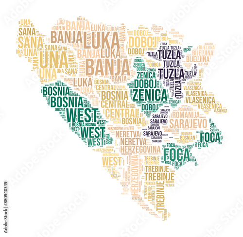 Bosnia and Herzegovina word cloud. Country shape with region division. Bosnia and Herzegovina typography style image. Region names tag clouds. Vector illustration.
