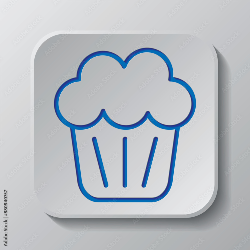Cupcake simple icon vector. Flat design. Paper cut design. Cutted blue symbol with shadow. Gray badge button, gray background Cupcake simple icon vector. Flat design. Paper cut design. Cutted blue symbol with shadow. Gray badge button, gray background