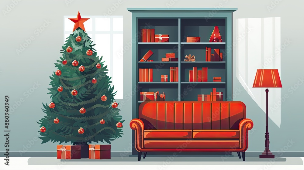 Cozy living room with a Christmas tree and a red sofa. Cozy living room with a Christmas tree and a red sofa.