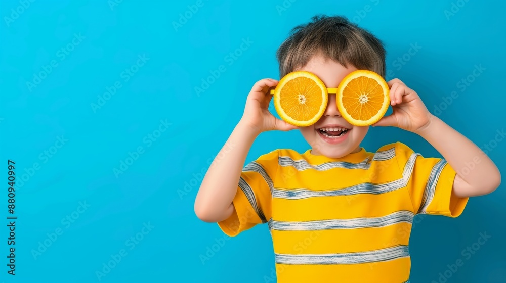A young boy is holding two oranges in his eyes, with a smile on his face. Concept of playfulness and joy, as the boy is pretending to see the world through the oranges A young boy is holding two oranges in his eyes, with a smile on his face. Concept of playfulness and joy, as the boy is pretending to see the world through the oranges