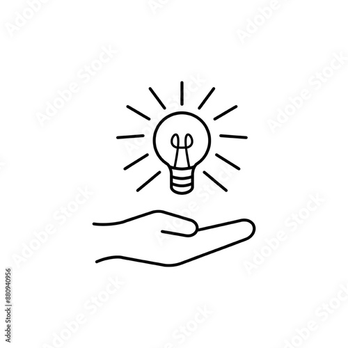 thin line hand holding lightbulb like expertise. linear trend modern simple lineart knowledge logotype stroke art design element isolated on white. concept of startup symbol or think outside the box