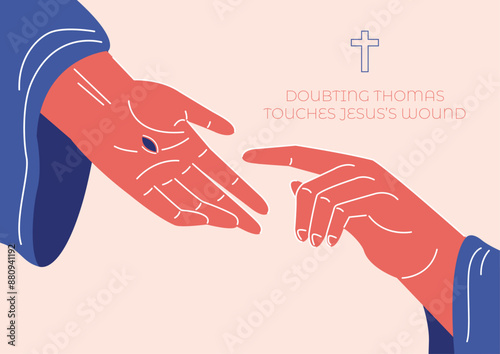 Doubting Thomas puts his finger in nail mark on Jesus hand