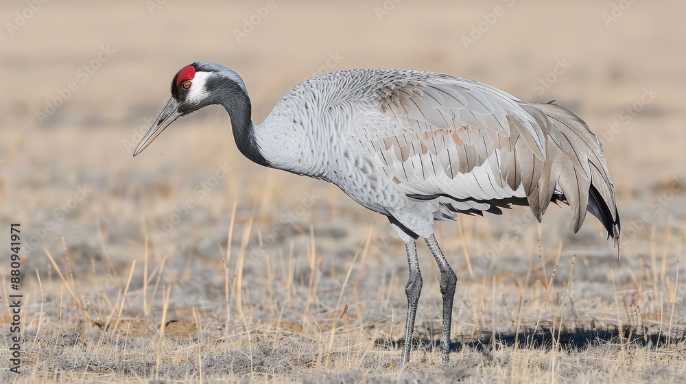 Fototapeta premium Majestic Crane Gliding Through Misty Wetland Waters