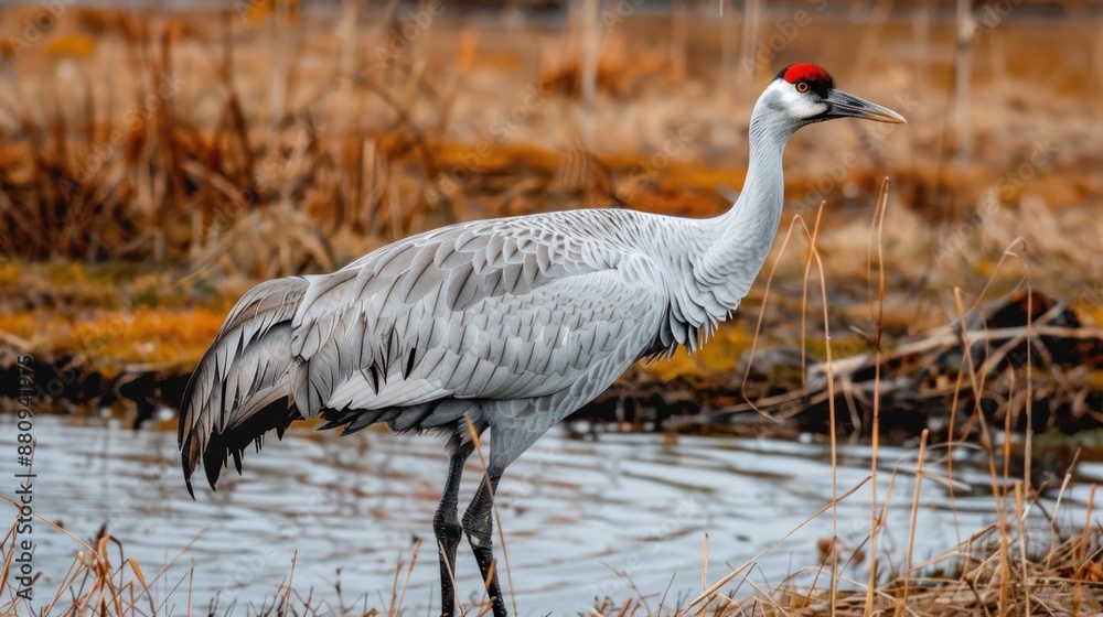 Fototapeta premium Graceful Crane Elegantly Wading Through Wetland Waters