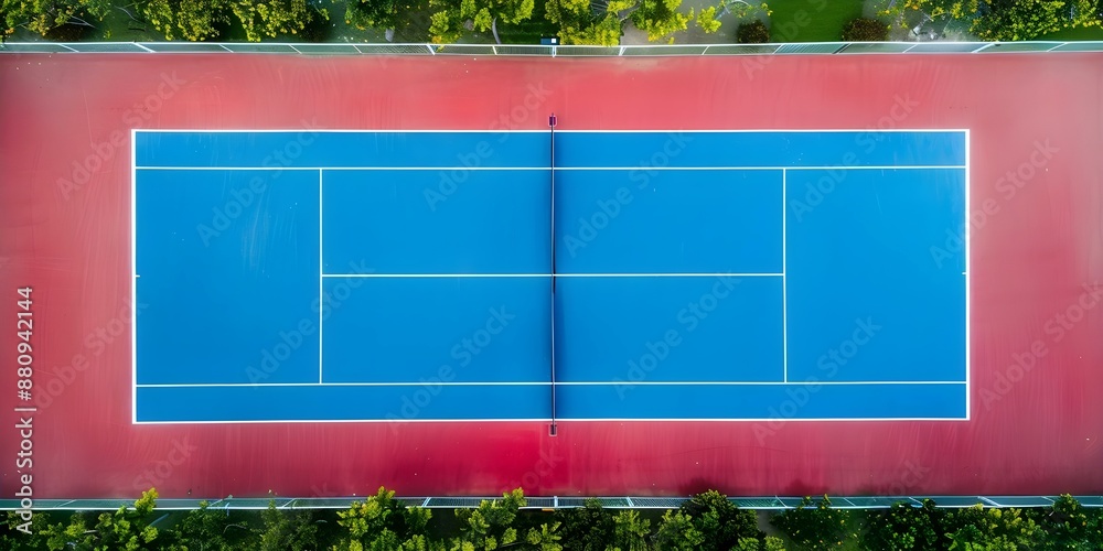 Obraz premium Bird's eye view of tennis court with blue and red surface in a park. Concept Tennis Court, Blue Surface, Red Surface, Park, Bird's Eye View