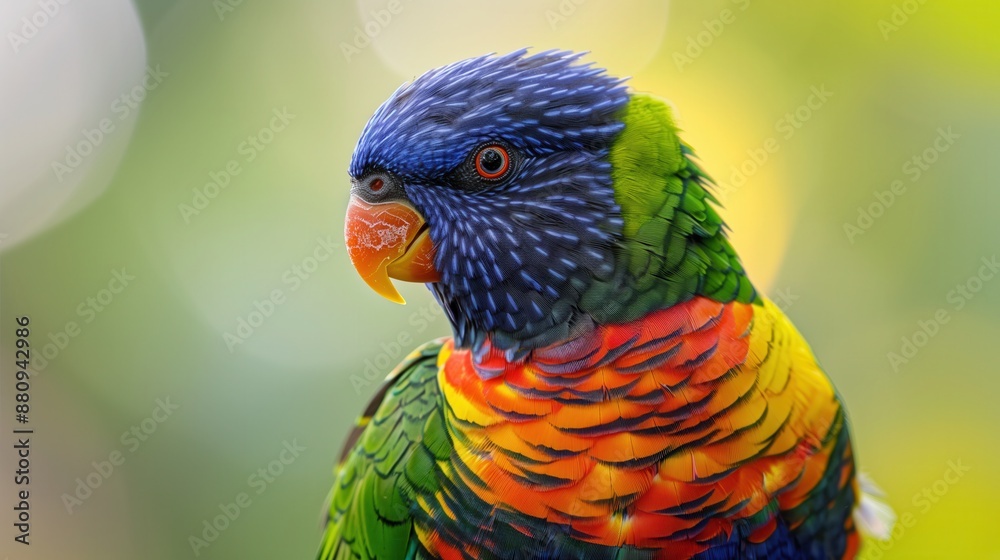 Naklejka premium Rainbow Lorikeet in Australian rainforests, ornithology, beautiful bird, wildlife photography, natural habitat, colorful bird, vibrant colors, blurred background, fauna, nature, wildlife