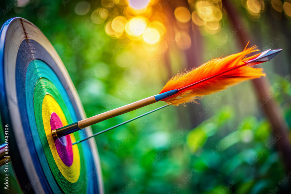 Vibrant arrow with feathers and metallic tip poised to strike center of colorful target, set against soft blurred green outdoor background with excellent focus and clarity. Vibrant arrow with feathers and metallic tip poised to strike center of colorful target, set against soft blurred green outdoor background with excellent focus and clarity.