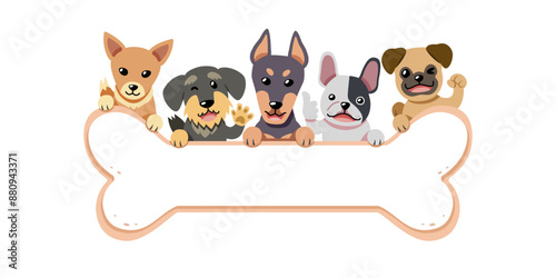 Cartoon happy different breeds of dogs with big bone sign for design.