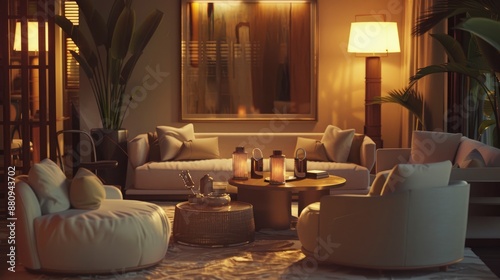 A chic lounge room featuring stylish interior design, comfortable furniture, and soft lighting