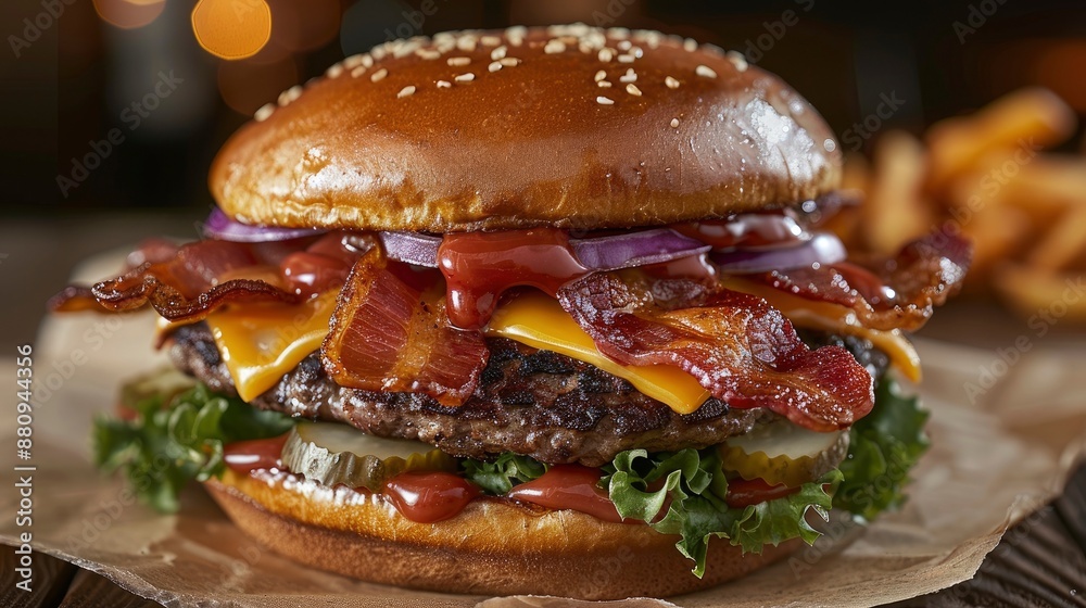 A close-up of a bacon cheeseburger with crispy bacon strips, melted cheese, and fresh vegetables, served on a toasted bun. A close-up of a bacon cheeseburger with crispy bacon strips, melted cheese, and fresh vegetables, served on a toasted bun.