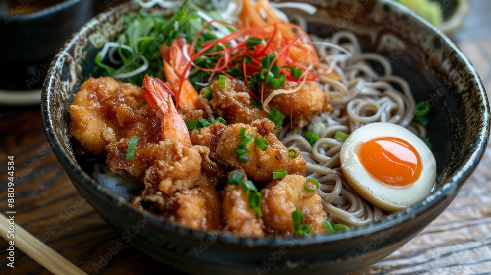 The national cuisine of Japan. Fried chicken and shrimp with soba noodles and pickled ginger. The national cuisine of Japan. Fried chicken and shrimp with soba noodles and pickled ginger.