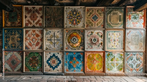 Artistic Hand-Painted Decorative Tiles on Rustic Wall - Perfect for Interior Design, Craft Projects, or Wall Art Concepts