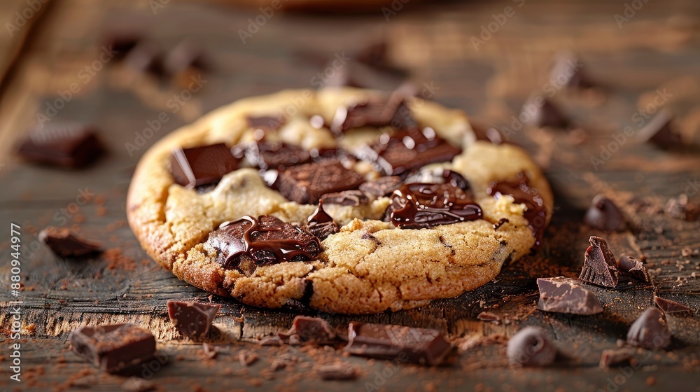 A close-up of a freshly baked chocolate chip cookie with melted chocolate chunks, placed on a rustic wooden table. A close-up of a freshly baked chocolate chip cookie with melted chocolate chunks, placed on a rustic wooden table.