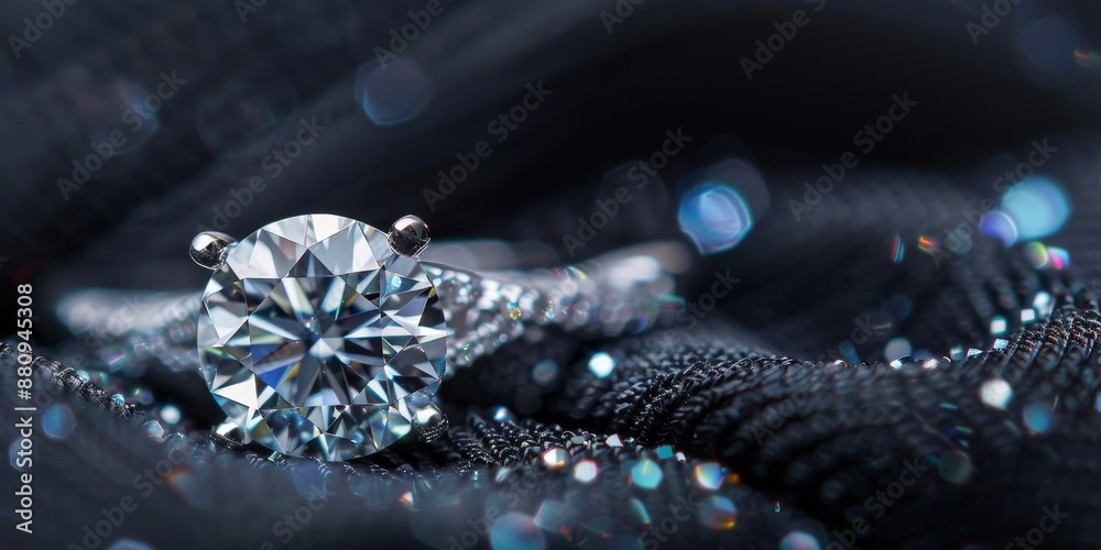 Exquisite diamond ring on a black velvet cushion, captured with macro photography to highlight the intricate details and sparkle of the jewelry Exquisite diamond ring on a black velvet cushion, captured with macro photography to highlight the intricate details and sparkle of the jewelry
