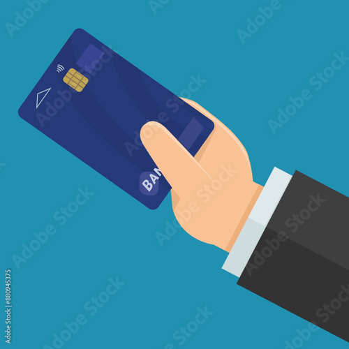 A hand presents a blue smart bank card on a blue background in flat design style