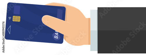 A hand presents a blue smart bank card in flat design style (cut out)