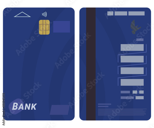 Blue bank card (design 2023) with chip on both sides in flat design style (cut out)