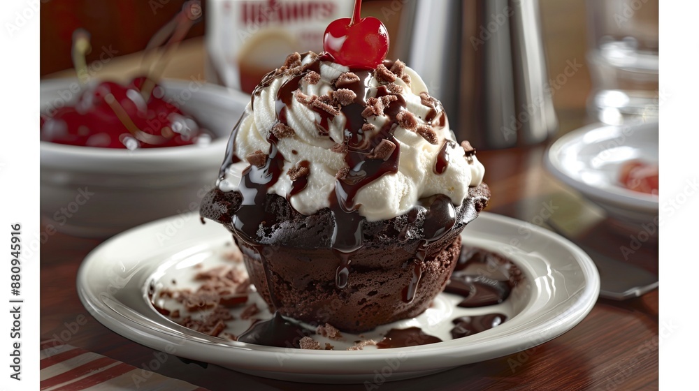 A hot fudge brownie sundae with a warm brownie, vanilla ice cream, hot fudge, whipped cream, and a cherry on top. A hot fudge brownie sundae with a warm brownie, vanilla ice cream, hot fudge, whipped cream, and a cherry on top.