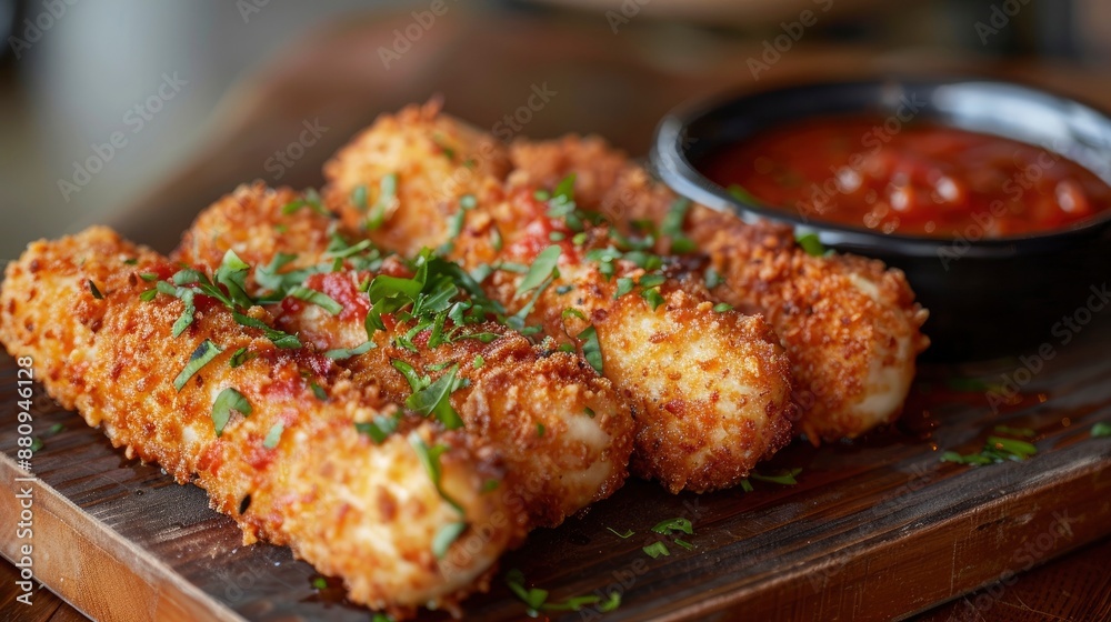 A plate of crispy fried mozzarella sticks with a side of marinara sauce for dipping, arranged on a wooden board. A plate of crispy fried mozzarella sticks with a side of marinara sauce for dipping, arranged on a wooden board.