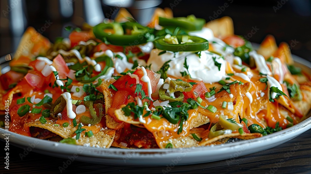 A plate of cheesy nachos with jalape�os, sour cream, and guacamole, garnished with fresh cilantro.