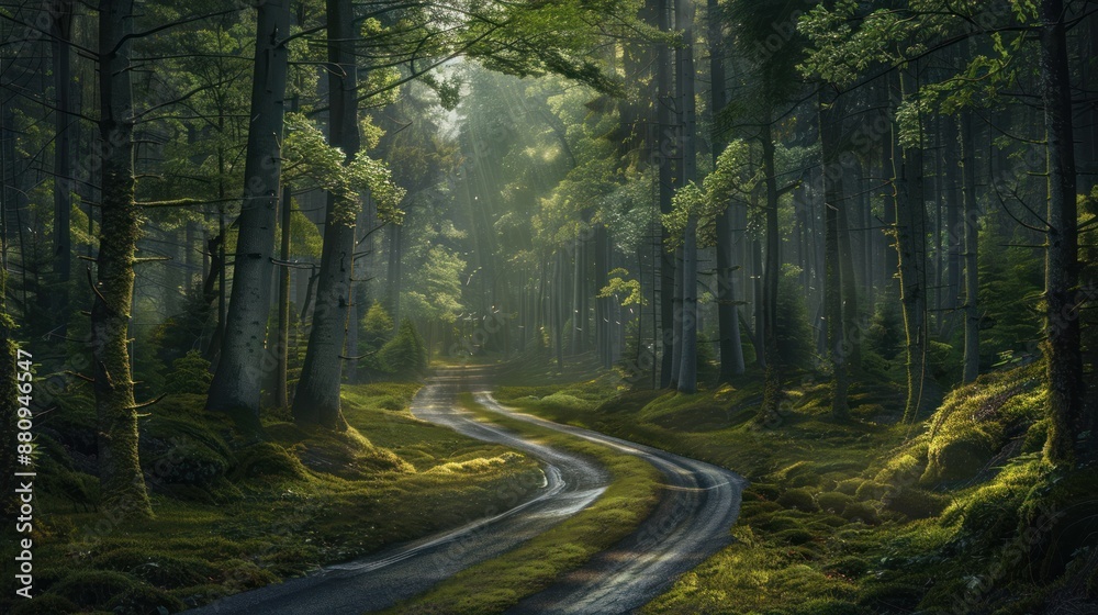 Obraz premium The road winds through the forest between towering trees