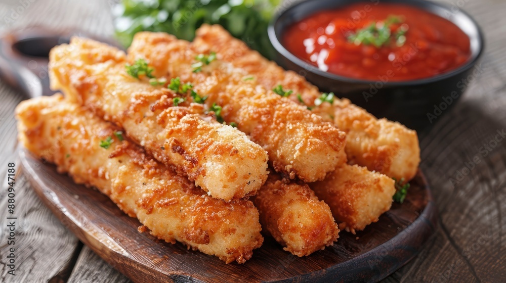 A plate of crispy fried mozzarella sticks with a side of marinara sauce for dipping, arranged on a wooden board. A plate of crispy fried mozzarella sticks with a side of marinara sauce for dipping, arranged on a wooden board.