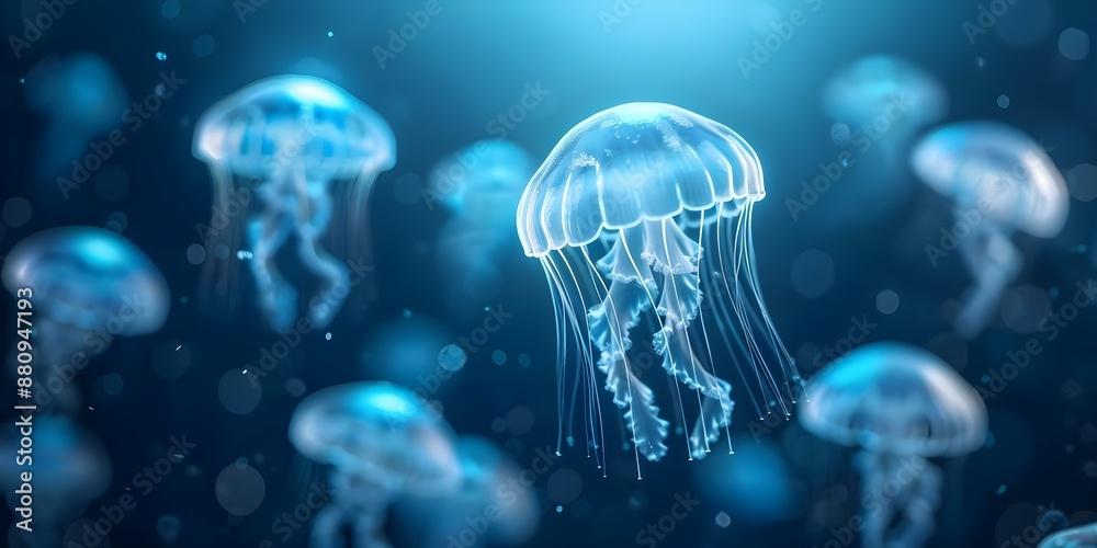 Captivating wide-angle photograph of luminous jellyfish in the enigmatic ocean depths. Concept Underwater Photography, Luminous Jellyfish, Ocean Depths, Wide-Angle Shot Captivating wide-angle photograph of luminous jellyfish in the enigmatic ocean depths. Concept Underwater Photography, Luminous Jellyfish, Ocean Depths, Wide-Angle Shot