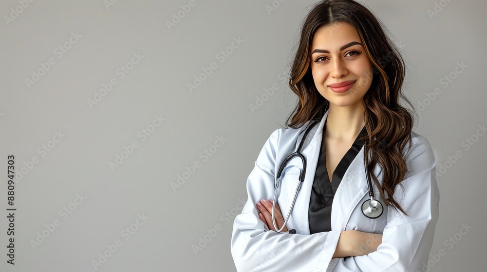 Confident female doctor with stethoscope standing with arms crossed, smiling and wearing a white coat, represents healthcare and medical professionalism. Confident female doctor with stethoscope standing with arms crossed, smiling and wearing a white coat, represents healthcare and medical professionalism.