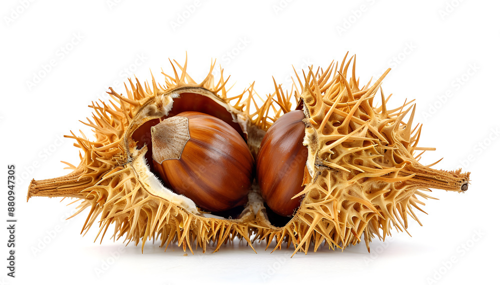 opened sweet chestnut in its spiky husk isolated on white opened sweet chestnut in its spiky husk isolated on white