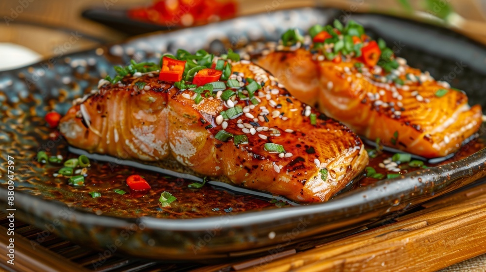 The national cuisine of Japan. Fillet of fried salmon and walleye with vegetables under a spicy sauce. The national cuisine of Japan. Fillet of fried salmon and walleye with vegetables under a spicy sauce.