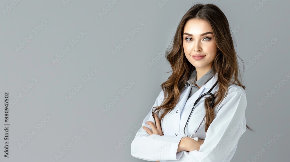 Female doctor in a white coat with a stethoscope, smiling confidently against a grey background, representing healthcare and professionalism. Female doctor in a white coat with a stethoscope, smiling confidently against a grey background, representing healthcare and professionalism.