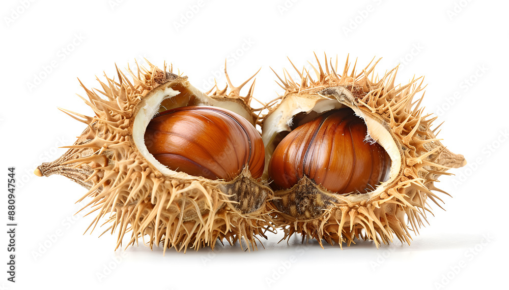 opened sweet chestnut in its spiky husk isolated on white opened sweet chestnut in its spiky husk isolated on white