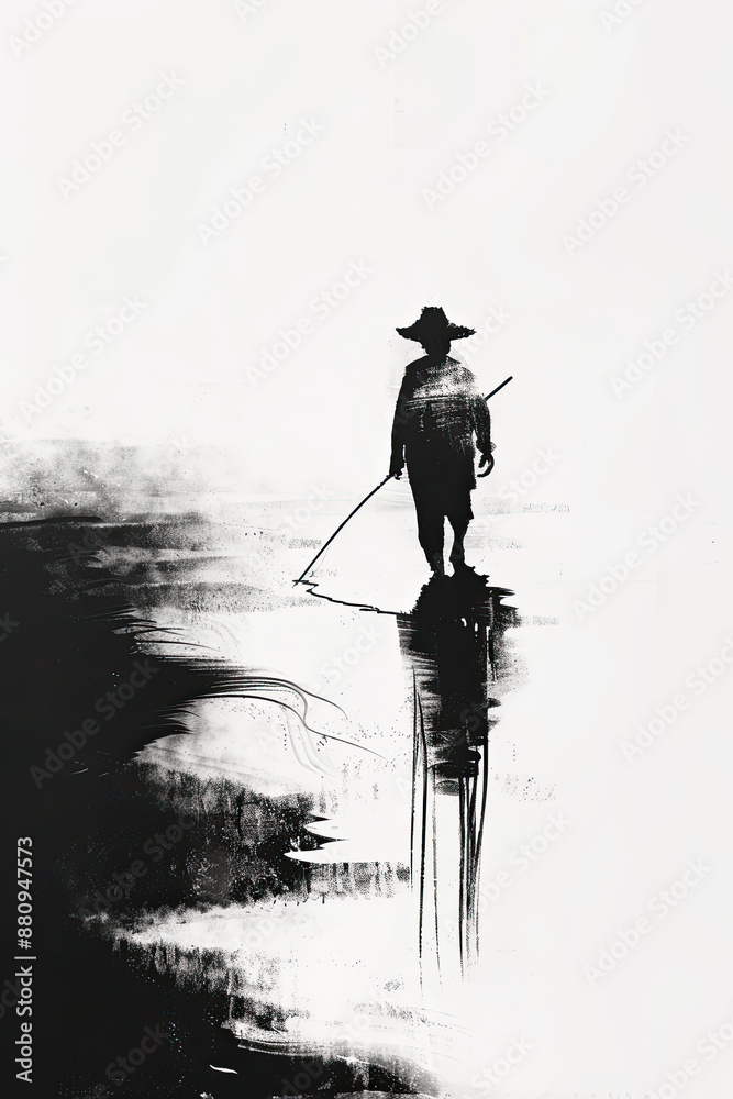 Fototapeta premium A black and white sketch of a fisherman