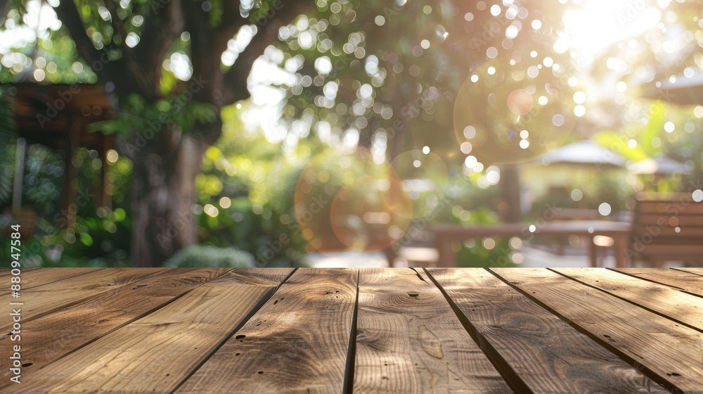 Wooden Tabletop with a Defocused Garden Background Wooden Tabletop with a Defocused Garden Background