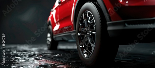 Close up of the wheel and side fender on a red SUV, black background, studio photography in the style of advertising commercial look with studio lighting Generative AI