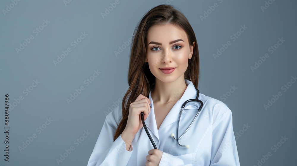 Confident female doctor in white coat with stethoscope, looking at camera in studio setting, symbolizing healthcare professionalism. Confident female doctor in white coat with stethoscope, looking at camera in studio setting, symbolizing healthcare professionalism.