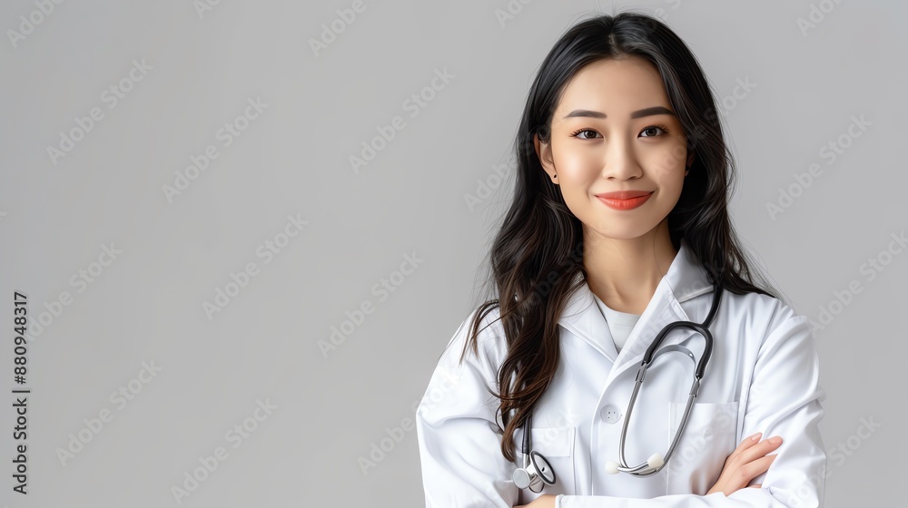 Confident female doctor in white coat with stethoscope, smiling and standing against gray background, representing healthcare professionalism. Confident female doctor in white coat with stethoscope, smiling and standing against gray background, representing healthcare professionalism.