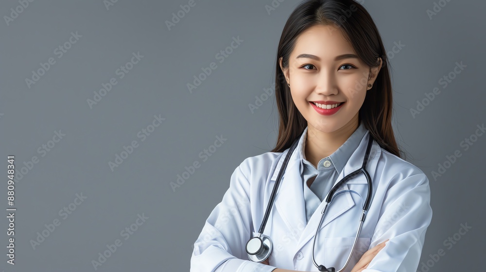 Confident female doctor with folded arms, wearing stethoscope and lab coat, smiling at camera against gray background. Confident female doctor with folded arms, wearing stethoscope and lab coat, smiling at camera against gray background.