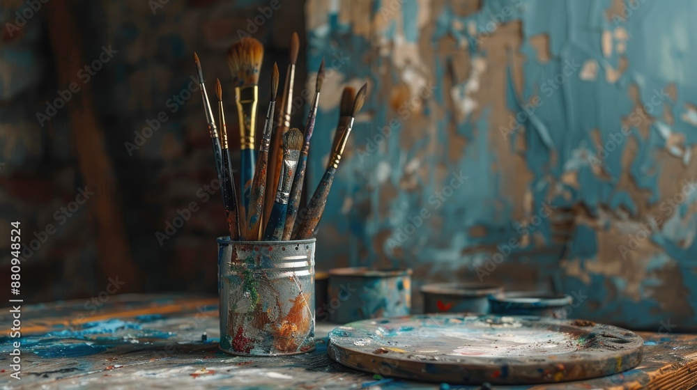 Bundle of paintbrushes tin can blank palette aged wooden Bundle of paintbrushes tin can blank palette aged wooden