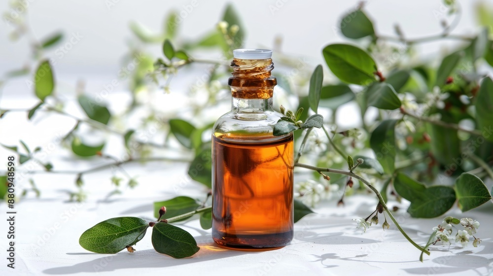 Aromatherapy concept with glass myrtle essential oil bottle on white background Aromatherapy concept with glass myrtle essential oil bottle on white background