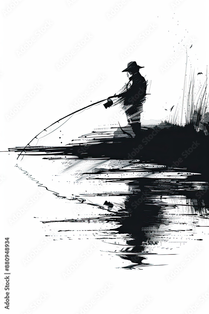 Naklejka premium A black and white sketch of a fisherman