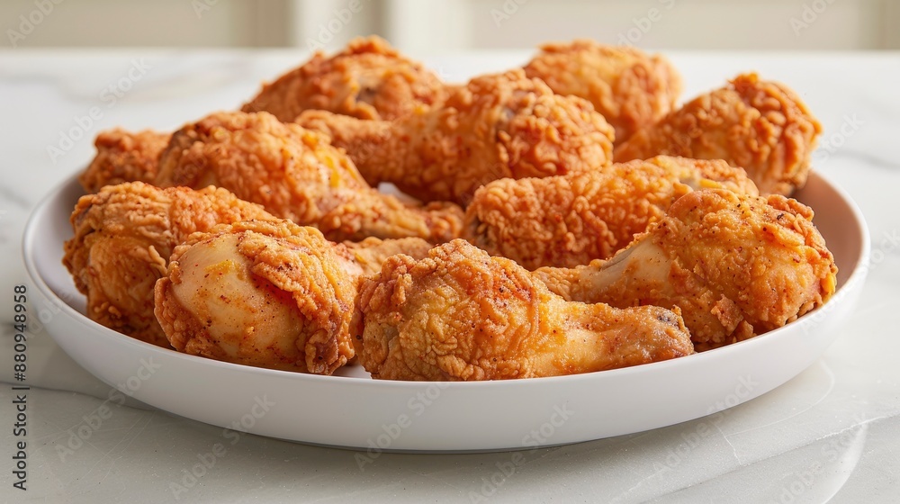 A serving of crispy fried chicken drumsticks with a golden, crunchy coating, arranged on a white plate. A serving of crispy fried chicken drumsticks with a golden, crunchy coating, arranged on a white plate.