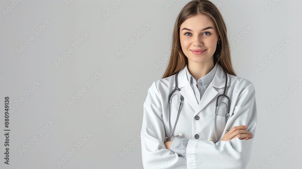 Confident female doctor with stethoscope. Medical professional in white coat standing with arms crossed on gray background. Confident female doctor with stethoscope. Medical professional in white coat standing with arms crossed on gray background.